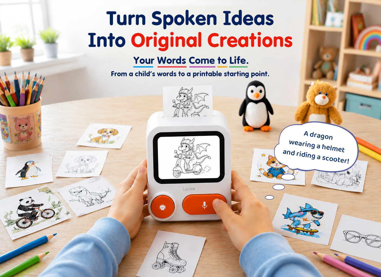 Lovink creative mode showing a child turning spoken ideas into printable original creations