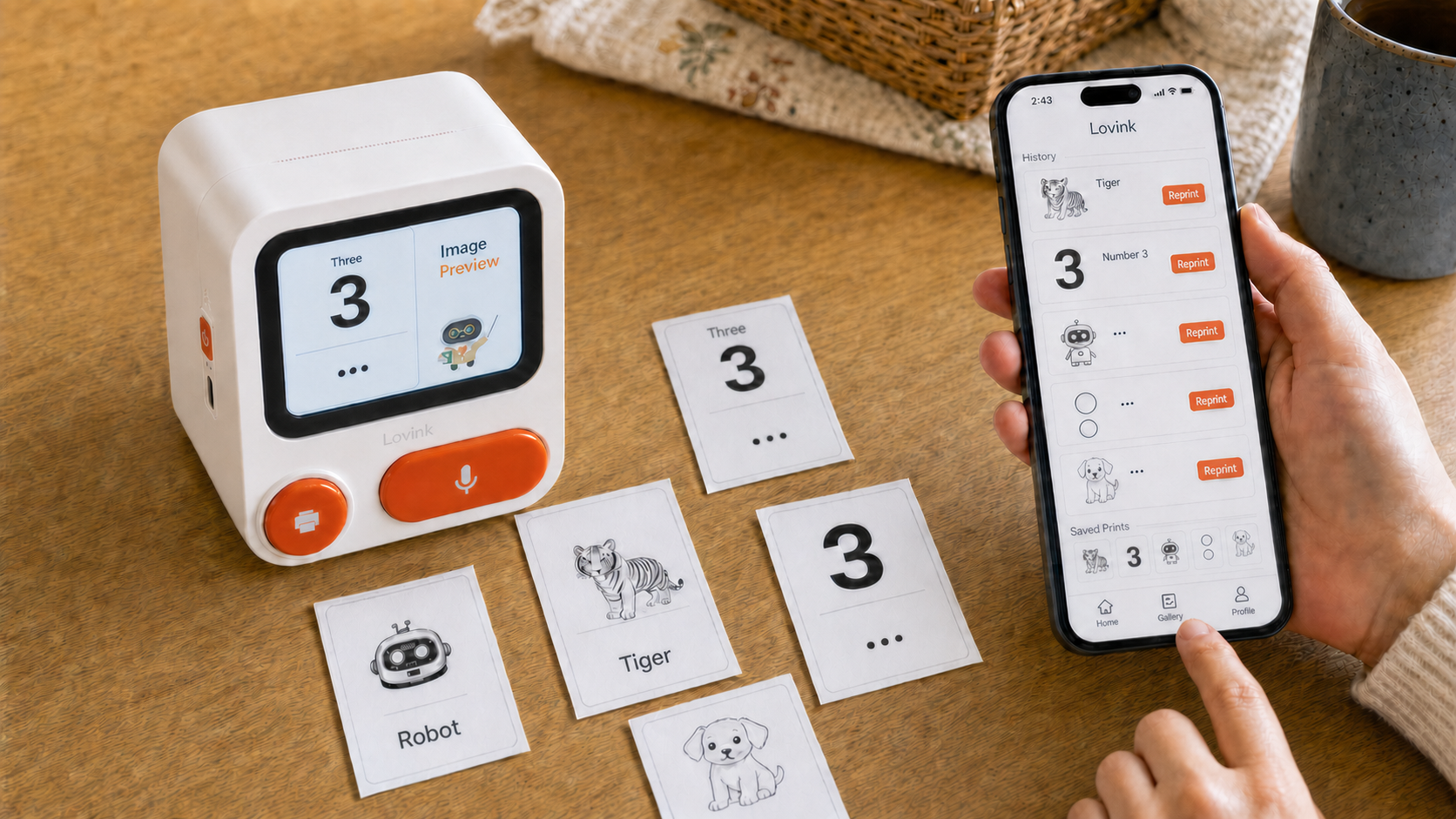 Lovink printer with parent app screens showing creation history and printed cards on a table